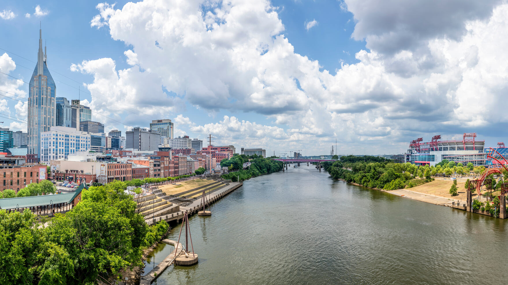 The Nashville, Tennessee skyline along the Cumberland River